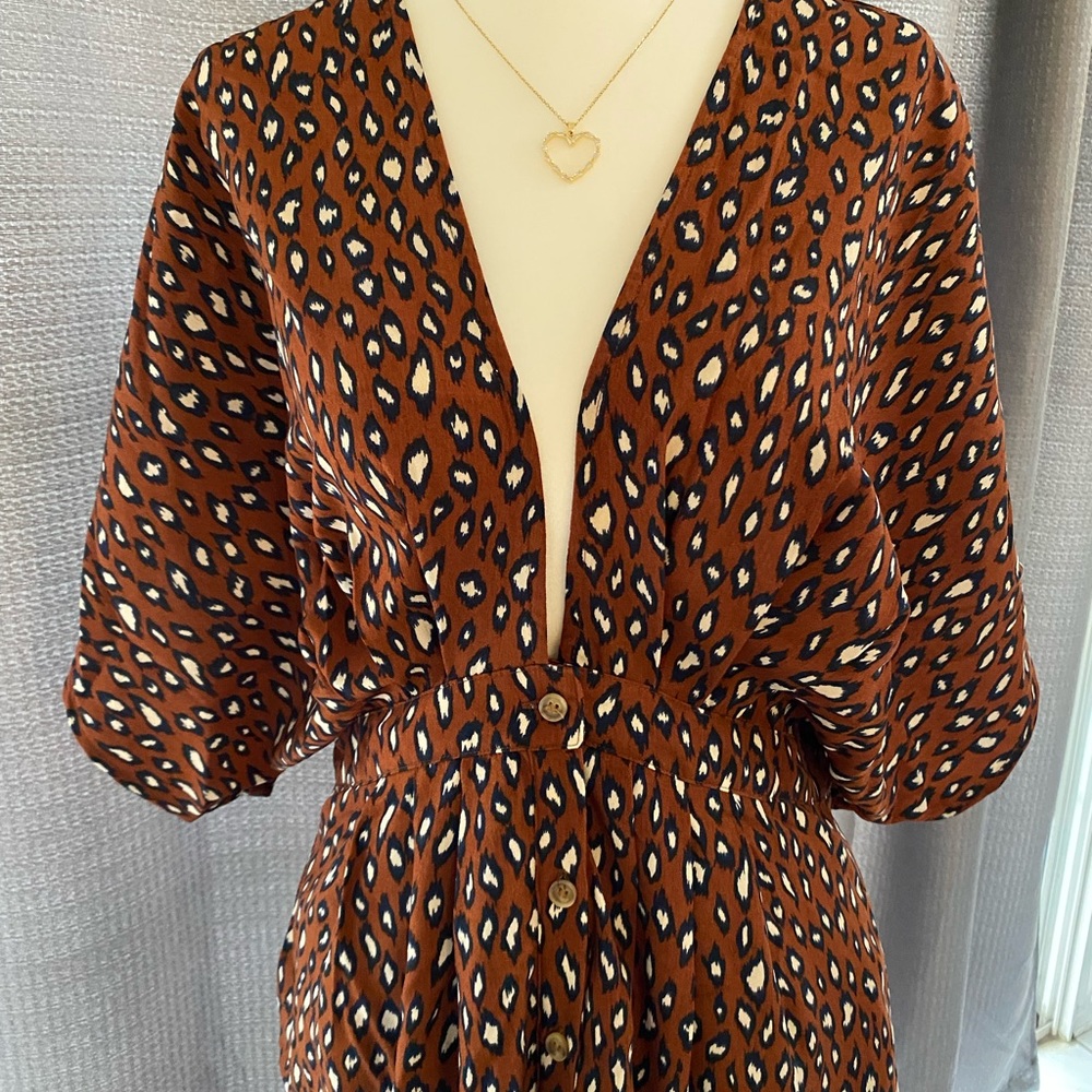 NWT Animal Print Midi Deep V Neck Vacation Beach Women Dress - Picture 6 of 7